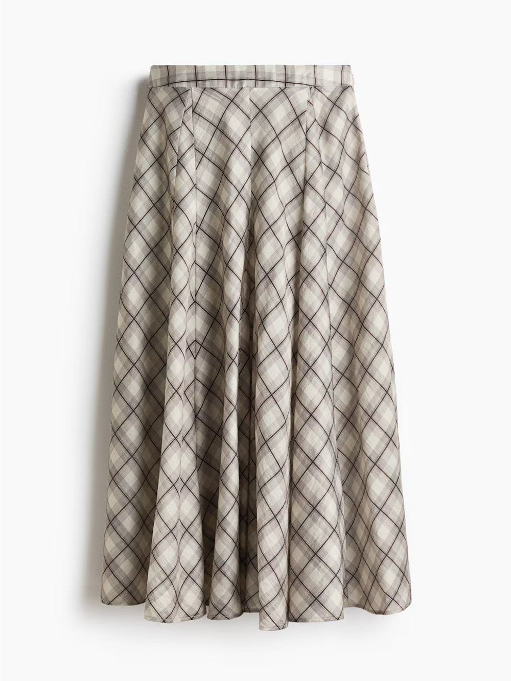 H&M Plaid/ Checked Midi Skirt With Godet Pleats in Taupe and Cream NWT